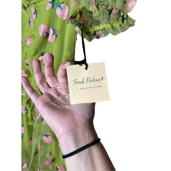 Unique Vintage Smak Parlour Avocado & Pink Strawberry Print Woodstock Flare Dres - Picture 7 of 9